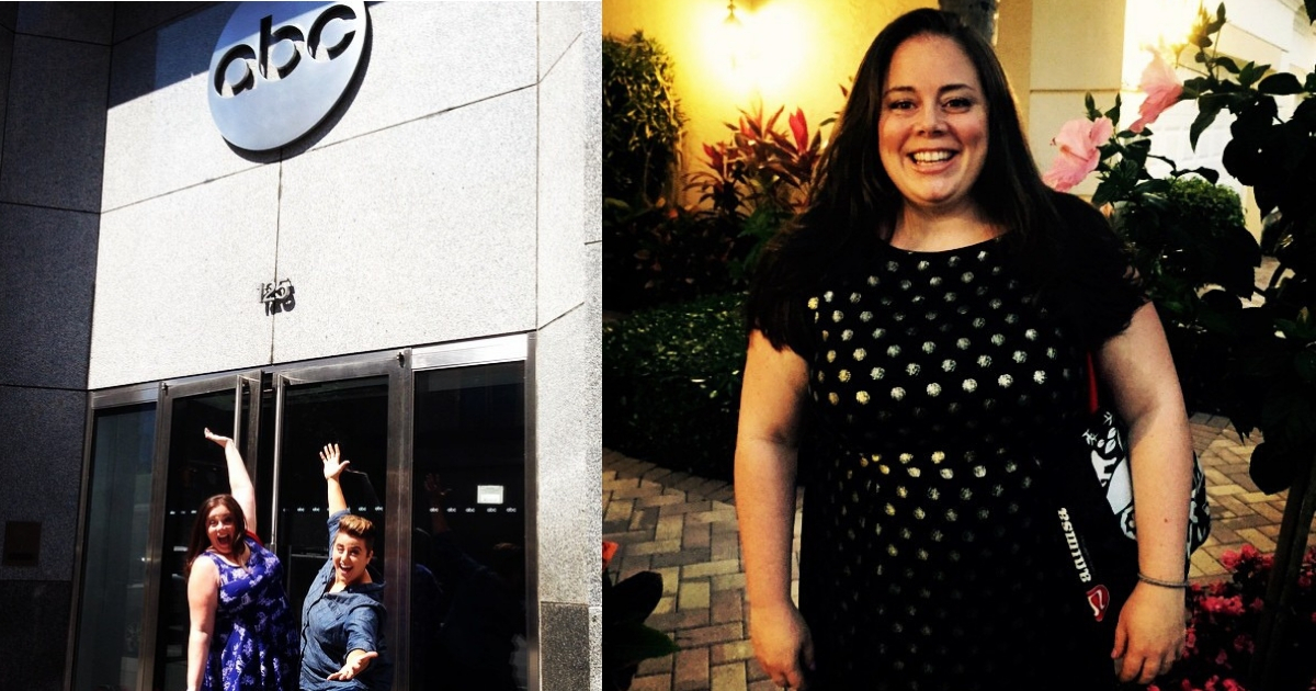 two women posing in front of abc studios