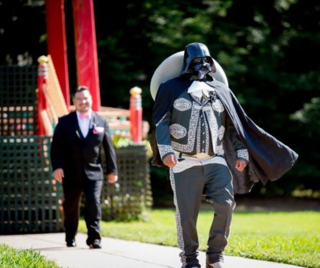 Sam' Reyes's husband on their wedding day as Darth Vader