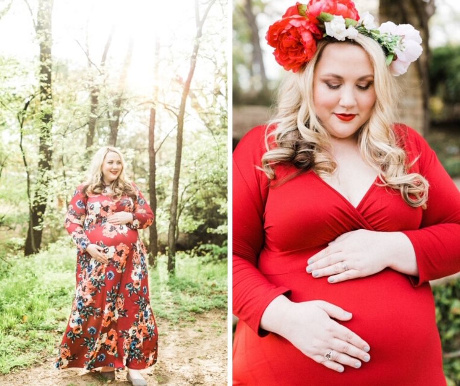 Photos of Lauren in a red dress and pregnant