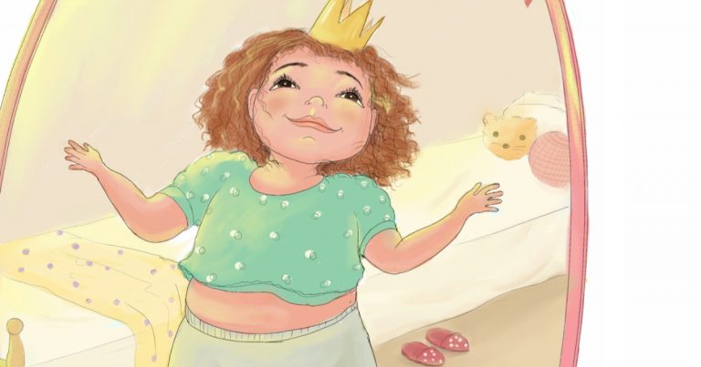 Her Body Can Body Positive Book For Kids with a girl looking in the mirror wearing a crown