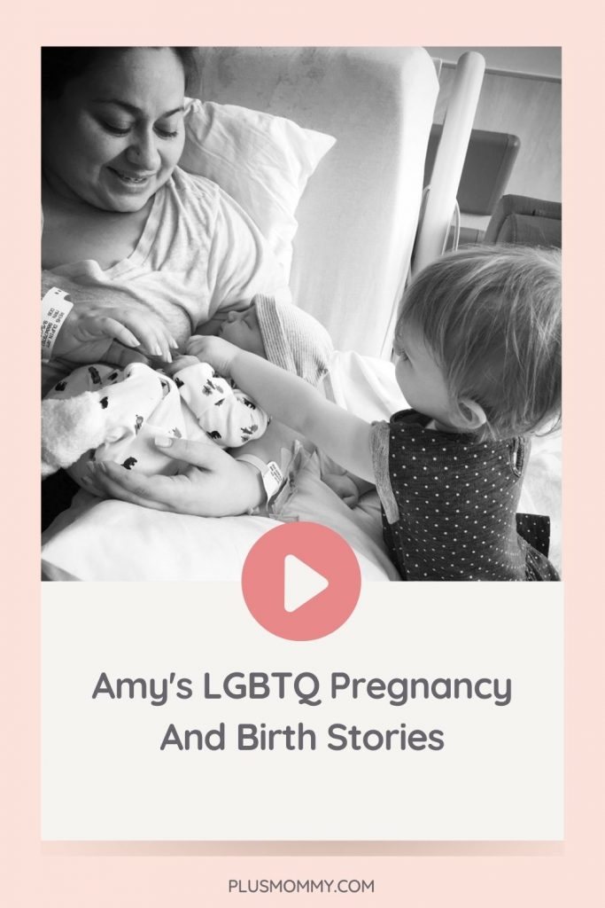 plus size woman after giving birth. Text on image Amy's LGBTQ Pregnancy And Birth Stories