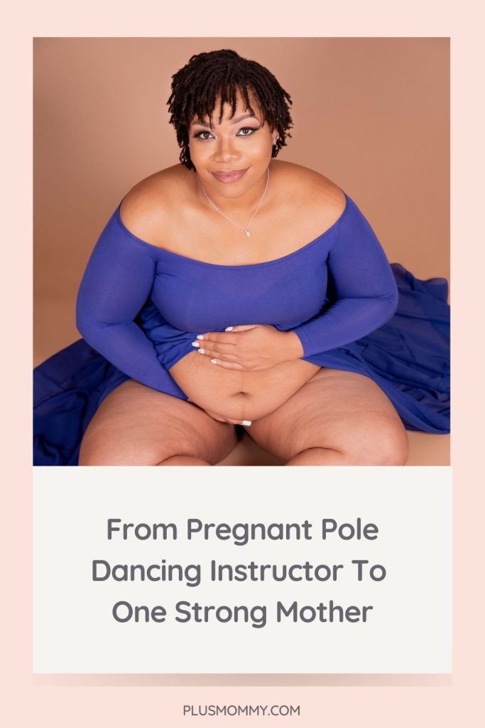 Pregnant Pole Dancing Instructor sitting in purple dress 