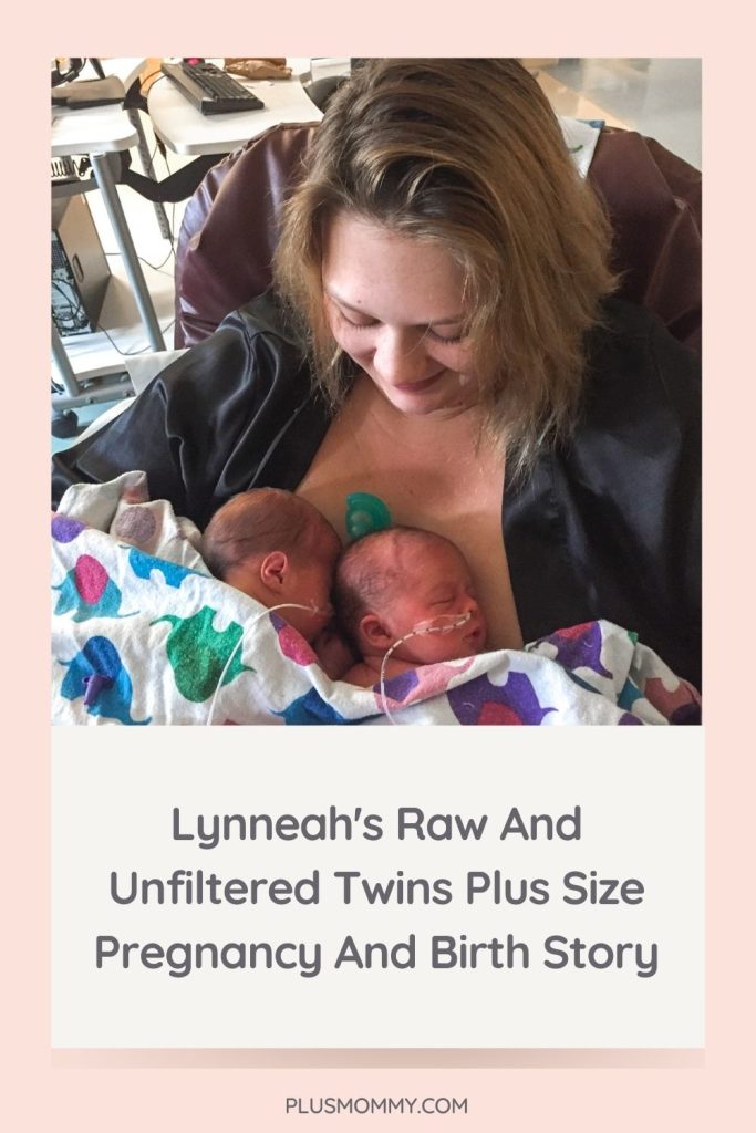 plus size mom holding her twins after having a twins birth. 